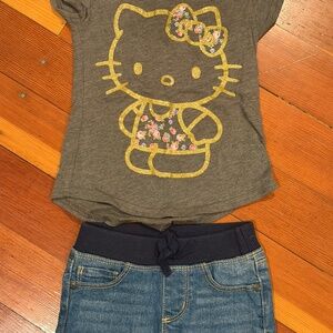 Girls Gray Hello Kitty Shirt Size 4 with Blue Denim Shorts Size 4